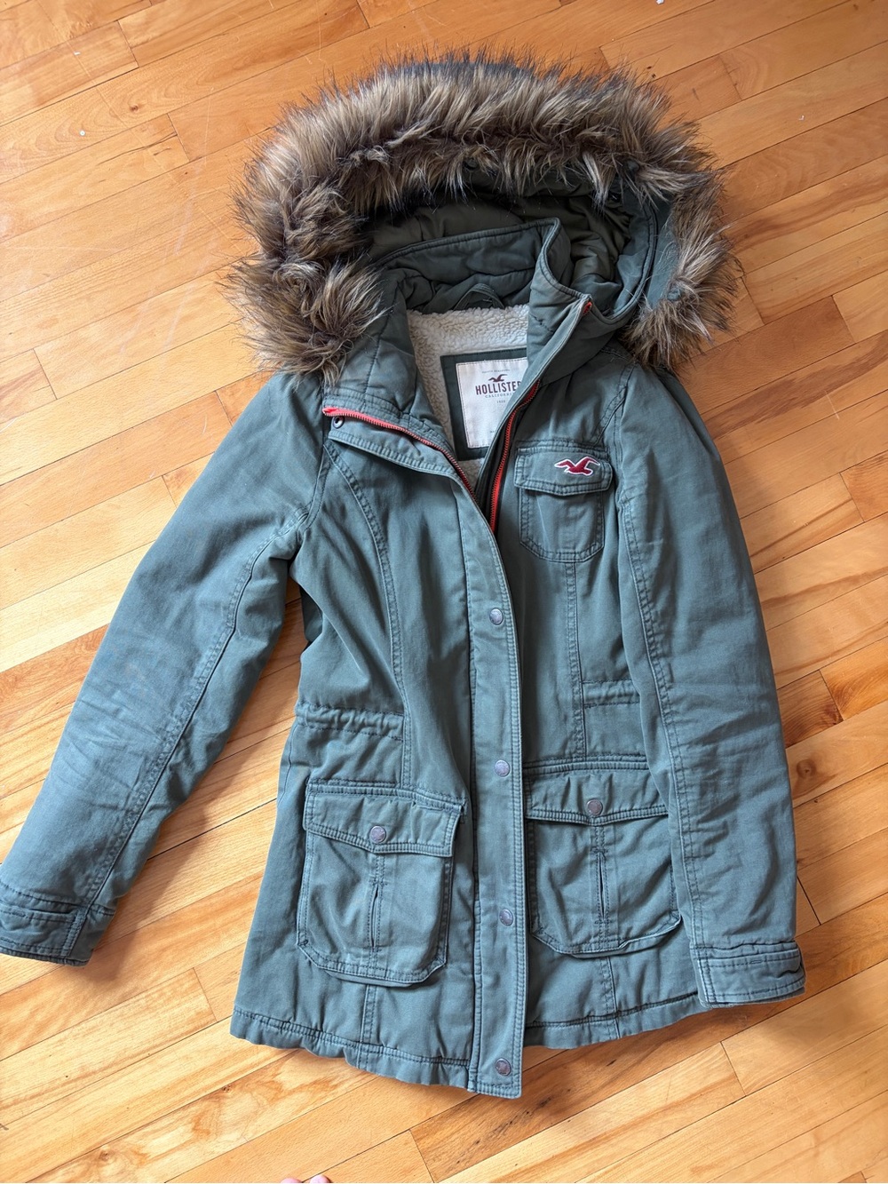 Hollister Olive Green Faux-Fur Trim Parka Jacket